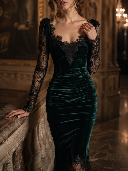 Elegant Green Velvet Long Sleeve Lace Midi Dress