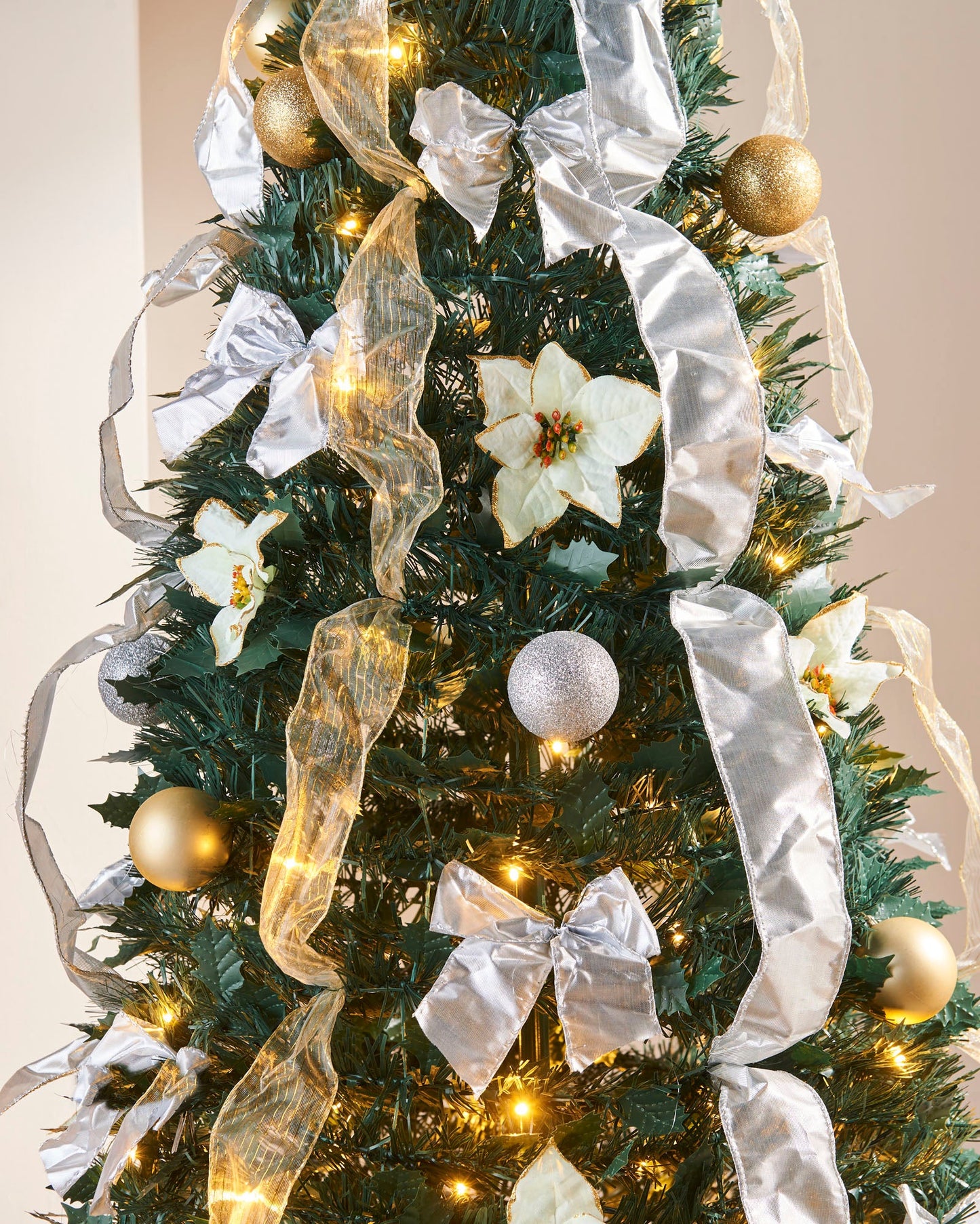 Pre-Decorated Holly Popup Christmas Tree, 200 Warm White LED, Champagne & Silver, 6 ft / 1.8 m