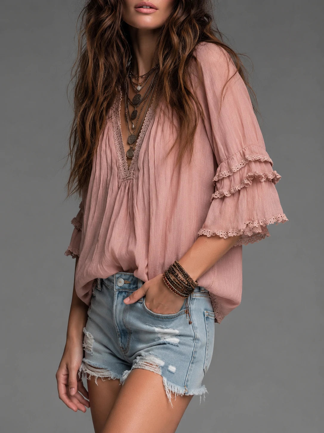 Retro Pleated Collar Ruffled Cuffs Lace Cotton Linen Blouse