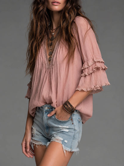 Retro Pleated Collar Ruffled Cuffs Lace Cotton Linen Blouse