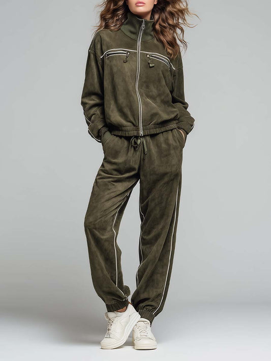Olive Green Microsuede Zip-Up Tracksuit