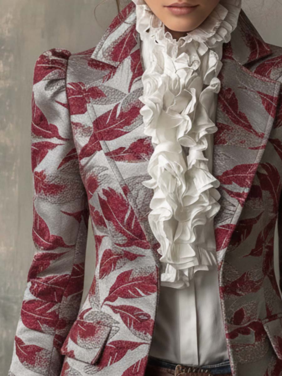 Vintage Jacquard Leaf Pattern Blazer In Red And Gray