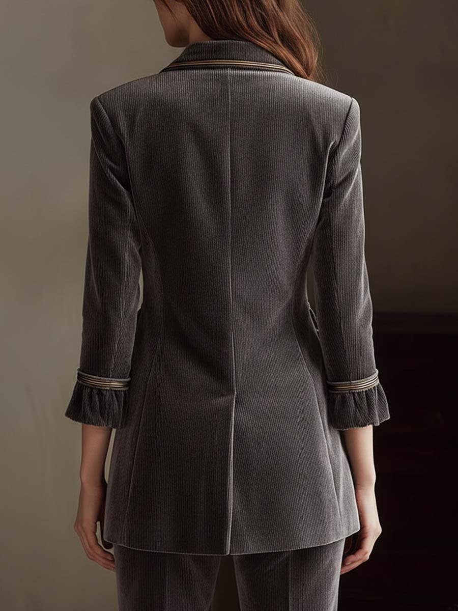 Corduroy Velvet Double-Breasted Blazer With Gold Trim