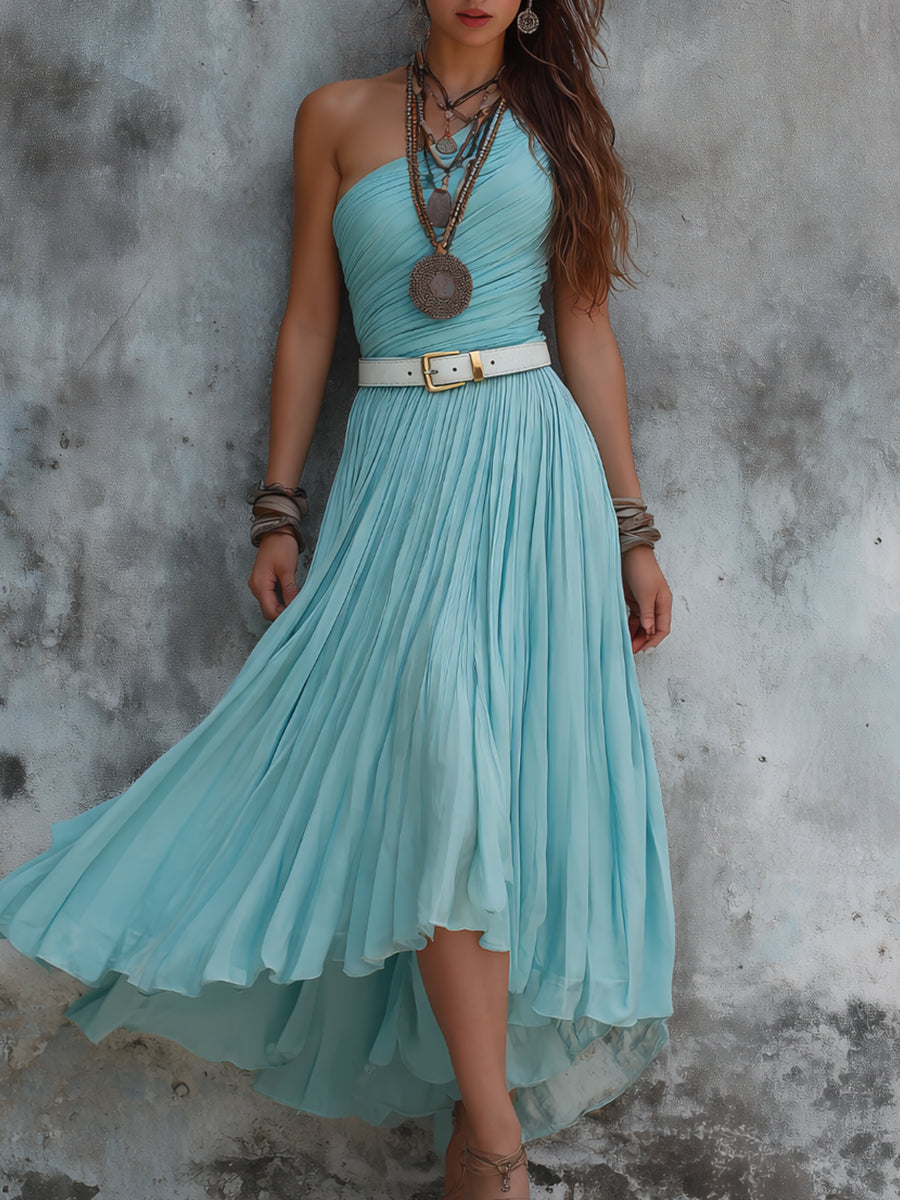 One-shoulder Pleated Chiffon Midi Dress With Belt