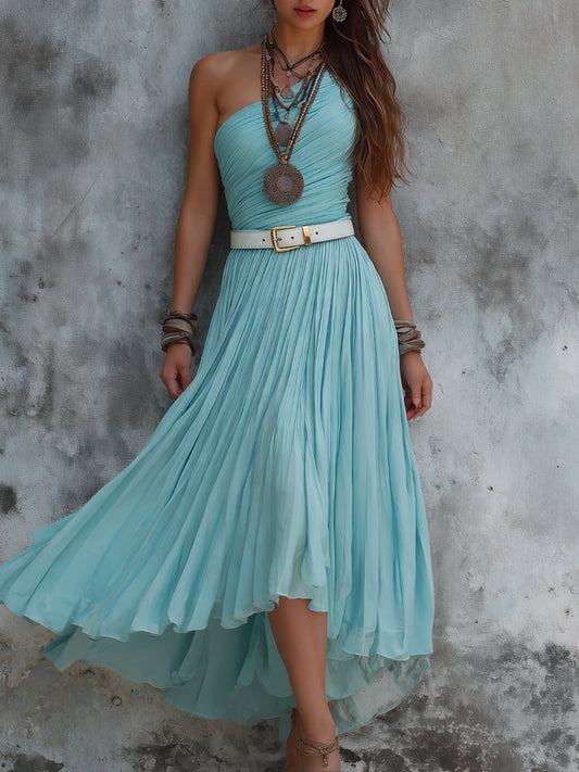 One-shoulder Pleated Chiffon Midi Dress With Belt