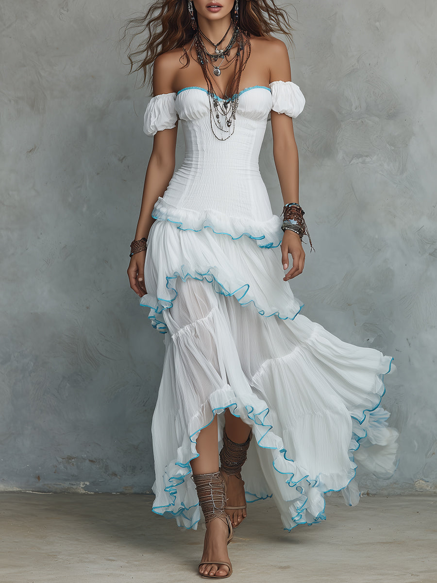 Bohemian Off-the-shoulder Chiffon Multi-layered Ruffle Maxi Dress