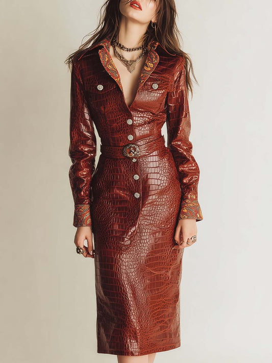 Vintage Western Eco-Crocodile Textured Leather Shirt Dress