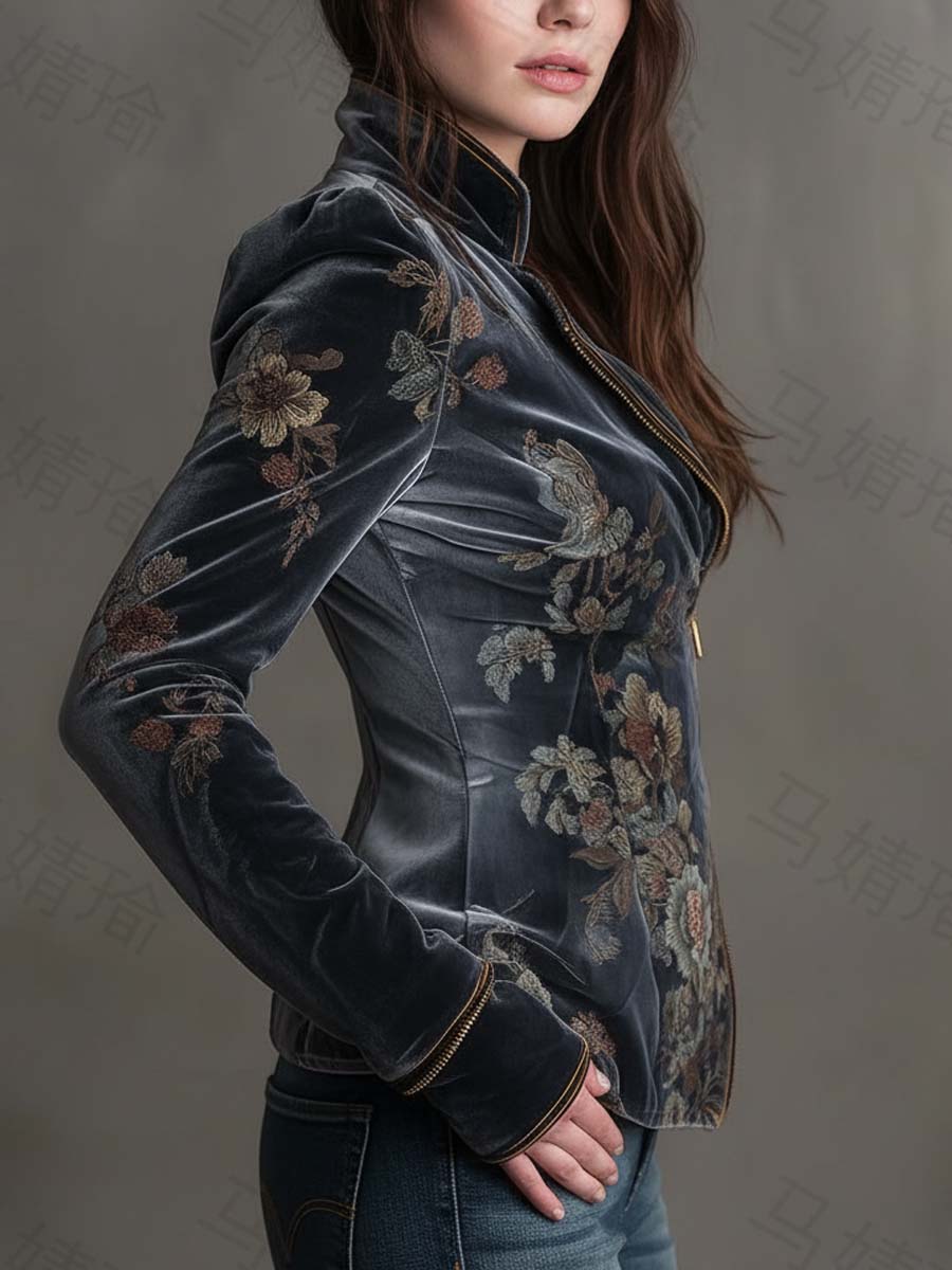 Vintage Floral Embroidered Velvet Moto Jacket – Midnight Bloom