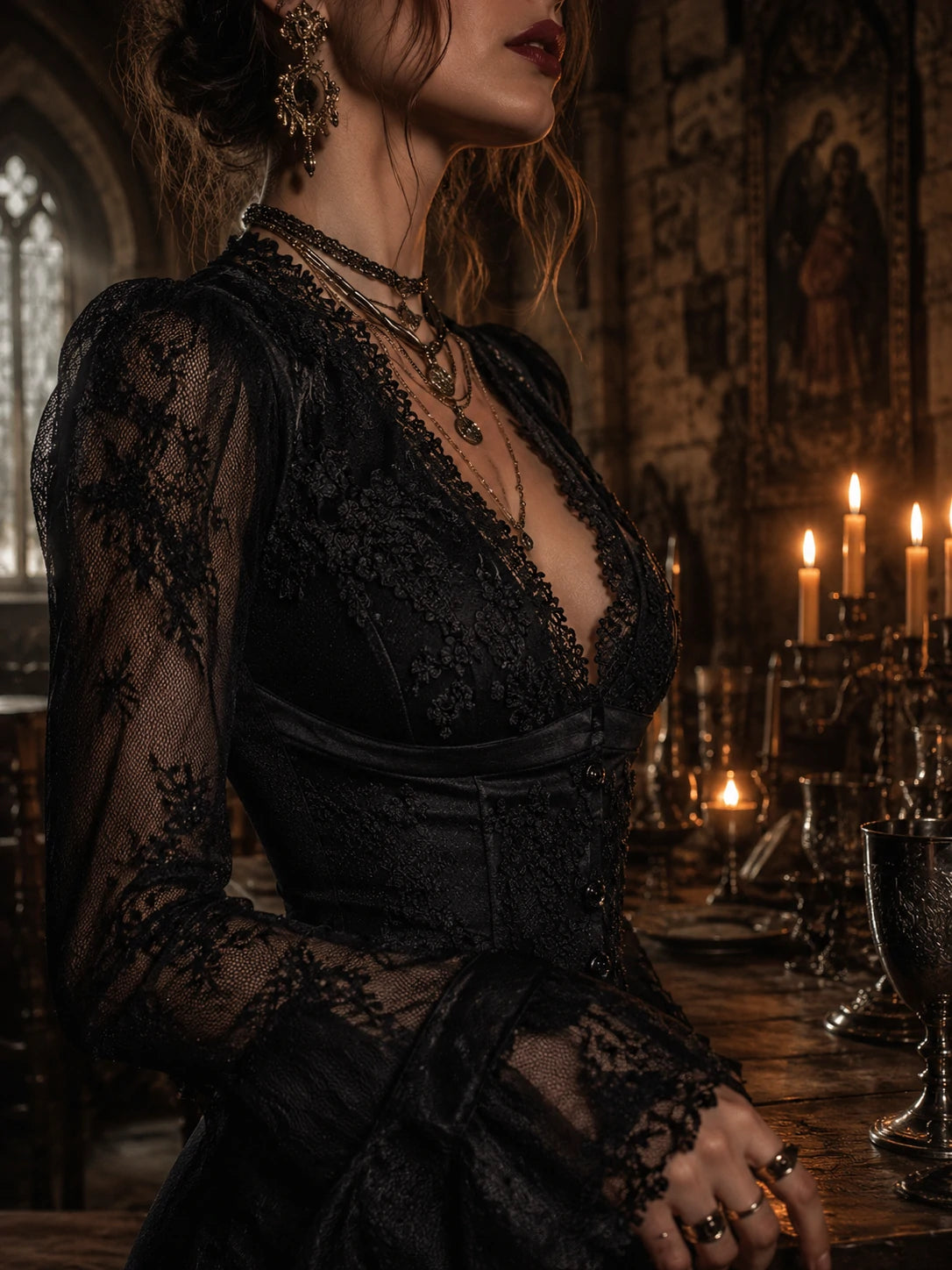 Elegant Black Lace Victorian Corset Blouse