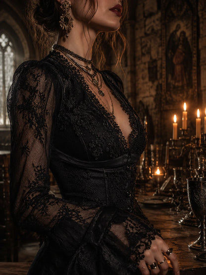 Elegant Black Lace Victorian Corset Blouse