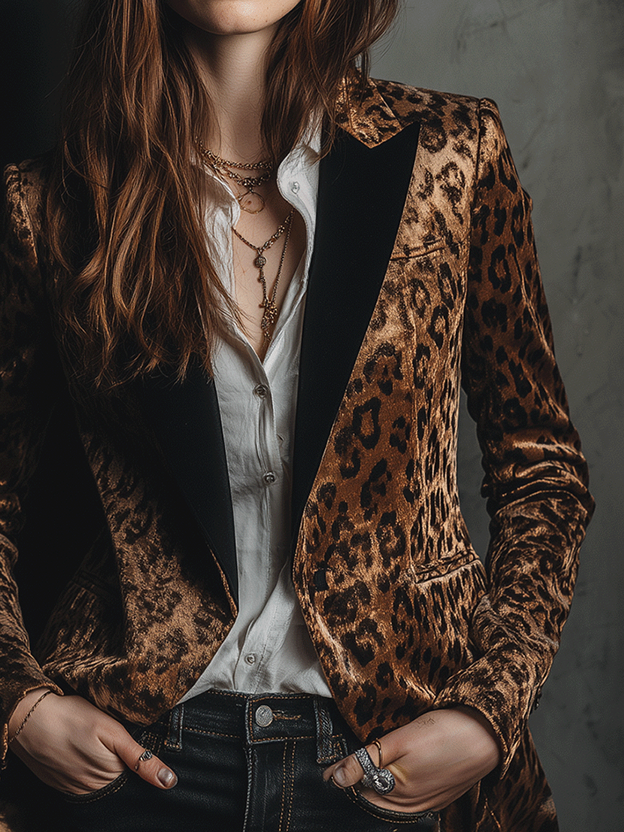 Vintage Brown Velvet Leopard Tailored  Blazer