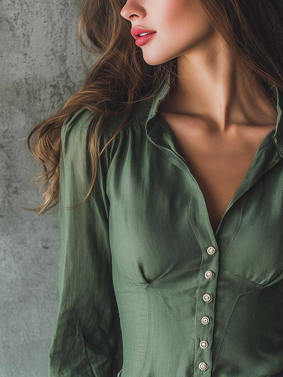 Retro V-Neck Slim Fit Cotton Linen Long-sleeved Blouse