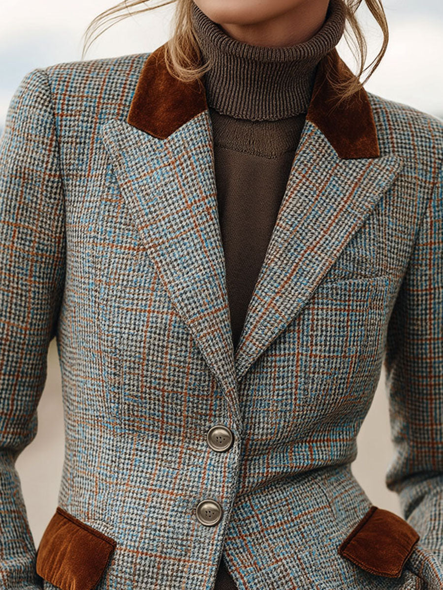 Vintage Plaid Tweed Blazer With Brown Velvet Collar And Pockets
