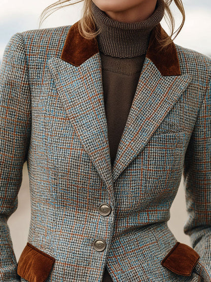 Vintage Plaid Tweed Blazer With Brown Velvet Collar And Pockets