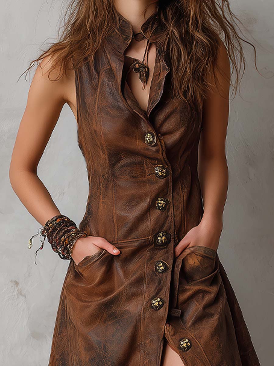 Vintage Country Brown Distressed Pu Leather Utility Dress
