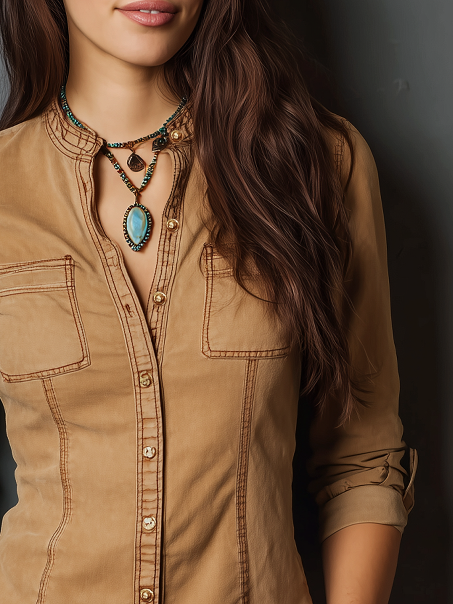 Retro Henley Collar Contrast Stitching Adjustable Cuffs Blouse