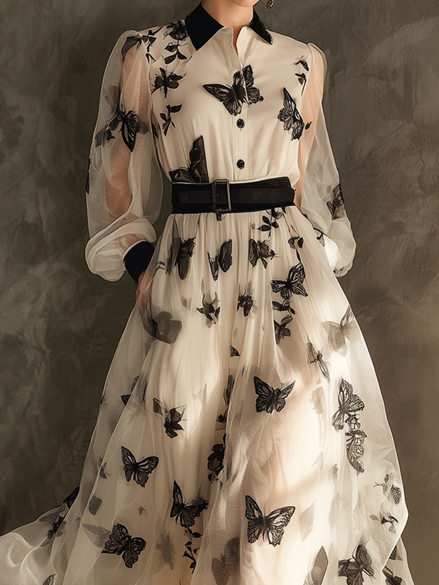 Retro Elegant Butterfly Chiffon Vacation Maxi Dress