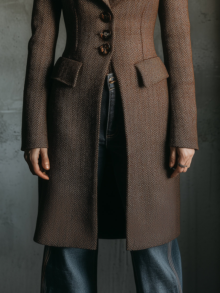 Classic Herringbone Wool Lapel Mid-length Coat