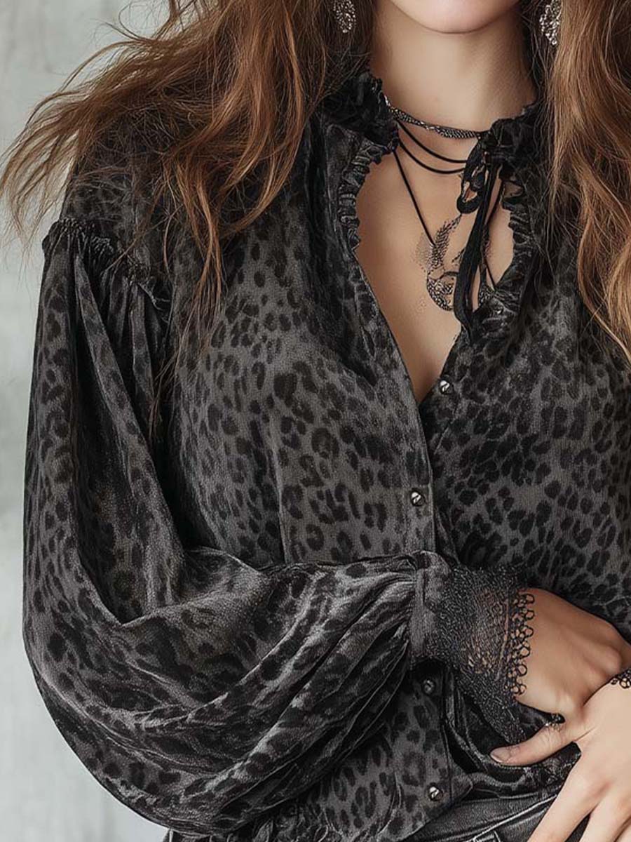 Smoky Gray Bohemian Romantic Velvet Leopard Print Shirt
