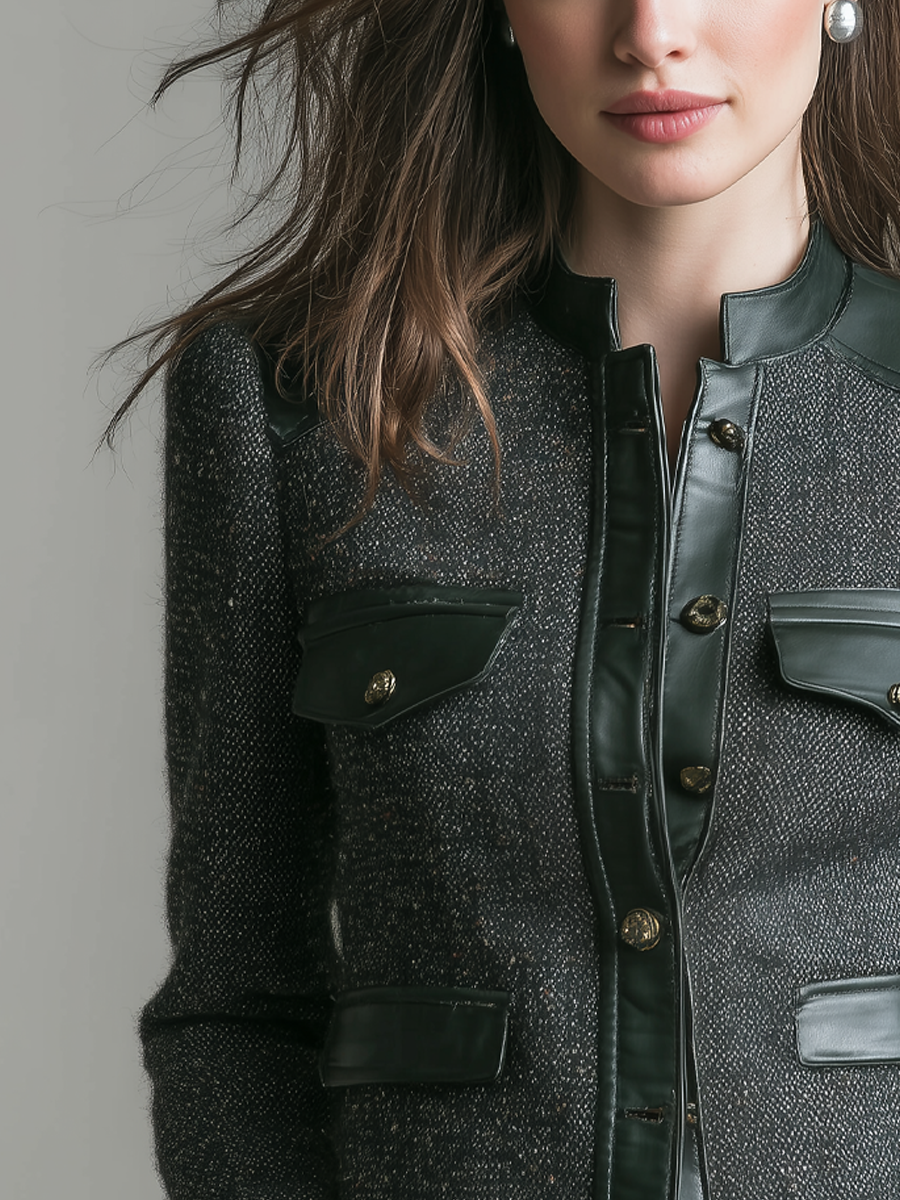 Vintage Eco-leather Trim Stand Collar Tweed Jacket