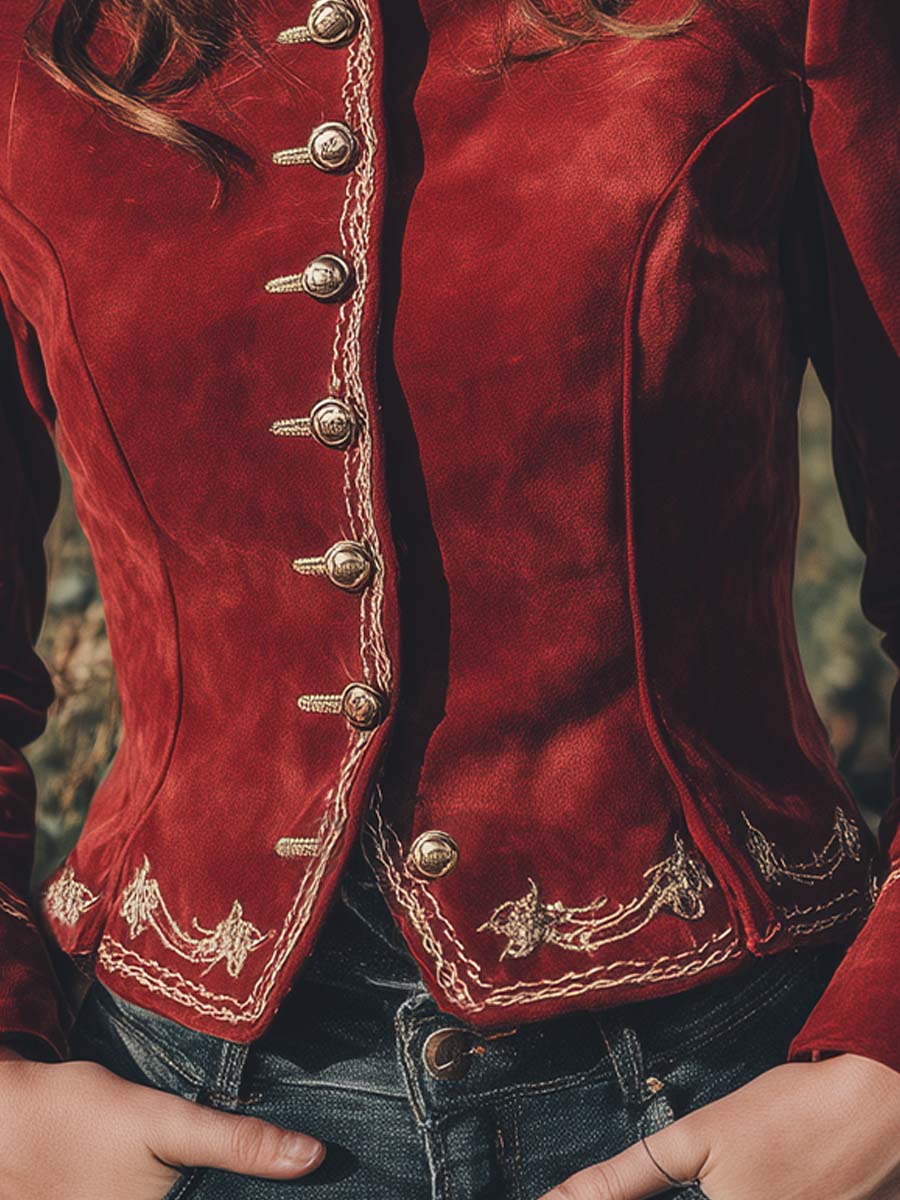 Vintage Crimson Baroque Embroidered Microsuede Blazer