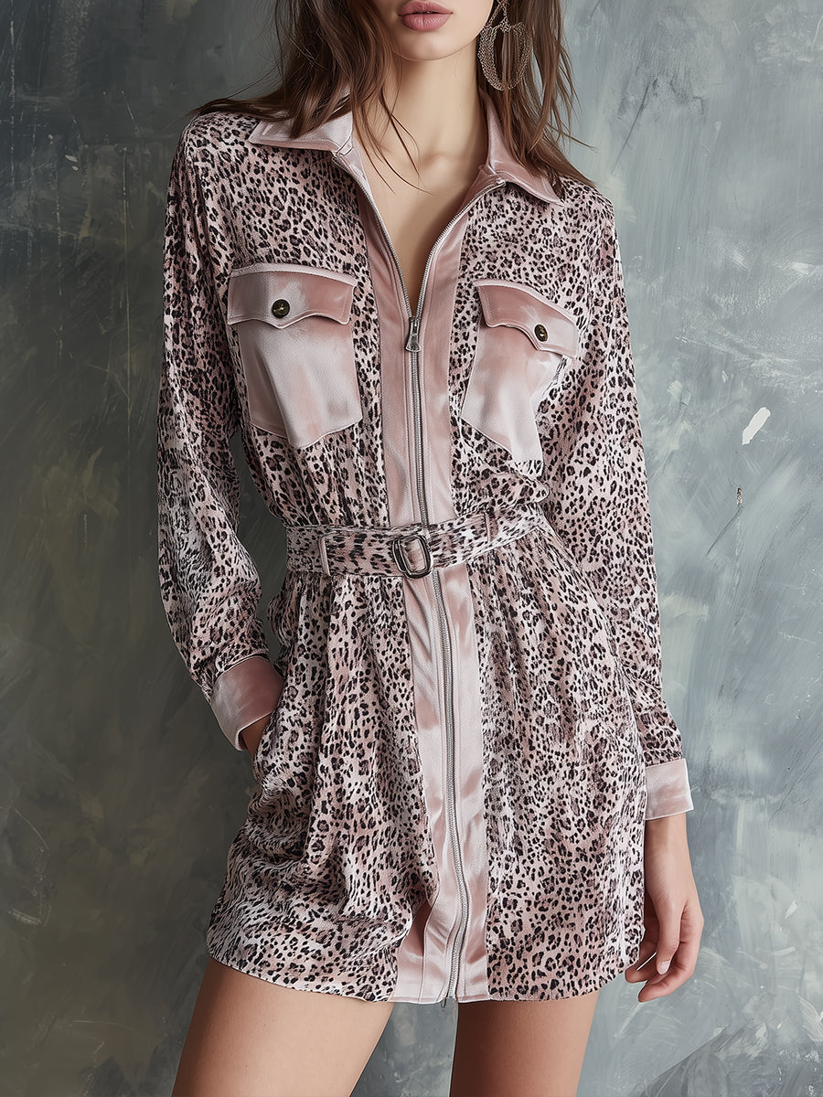 Vintage Sensuality Velvet Leopard Zip Mini Dress
