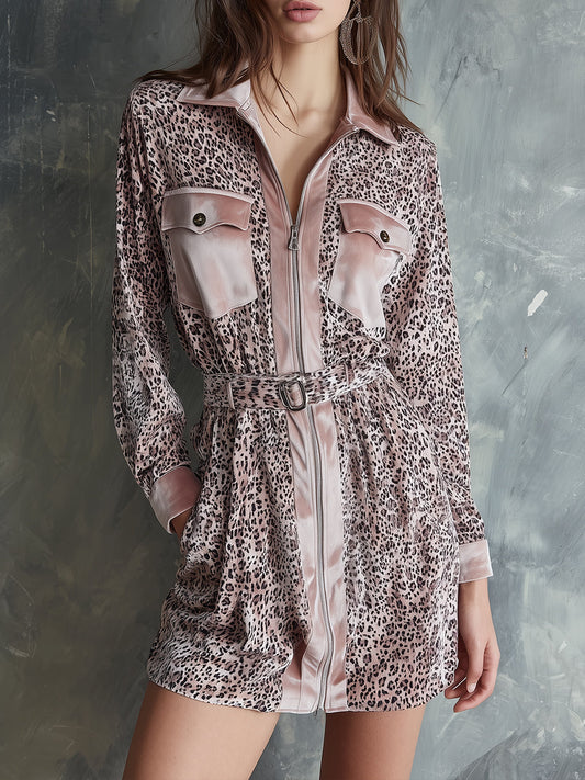 Vintage Sensuality Velvet Leopard Zip Mini Dress