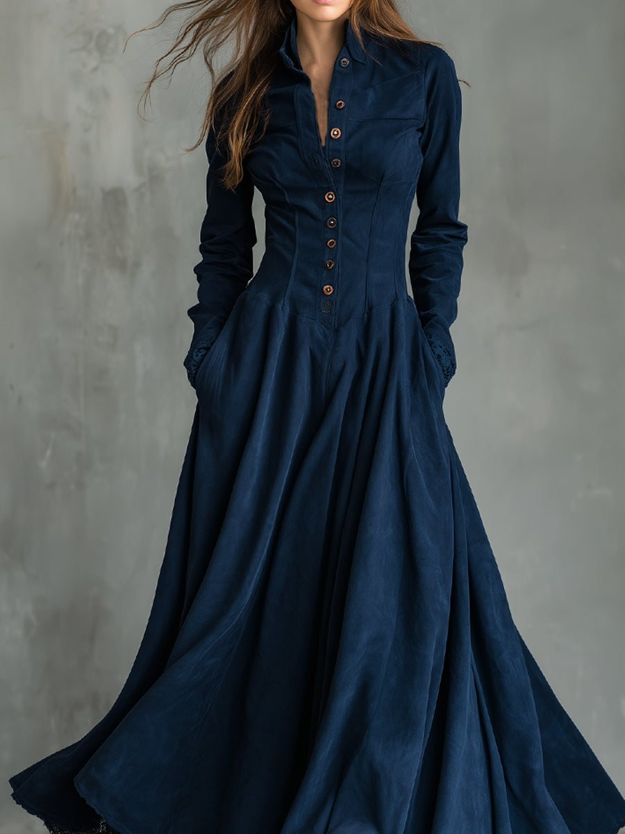 Quiet Luxury Shirt Collar Suede Slim Fit Maxi Dress
