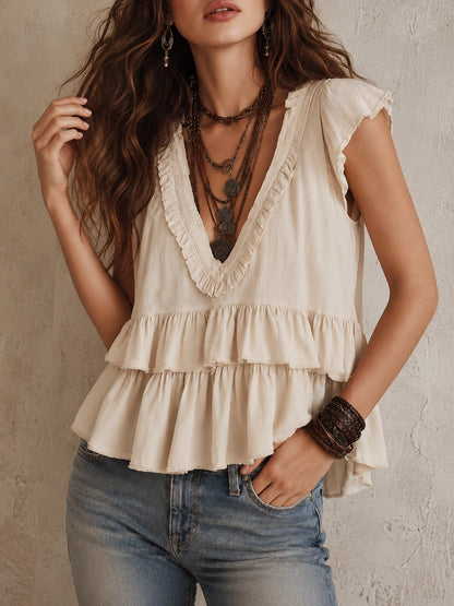 Bohemian Cotton And Linen Blouse With Ruffled Details