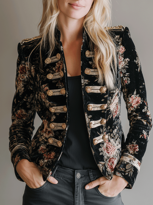 Vintage Floral Velvet Military-Inspired Blazer Jacket