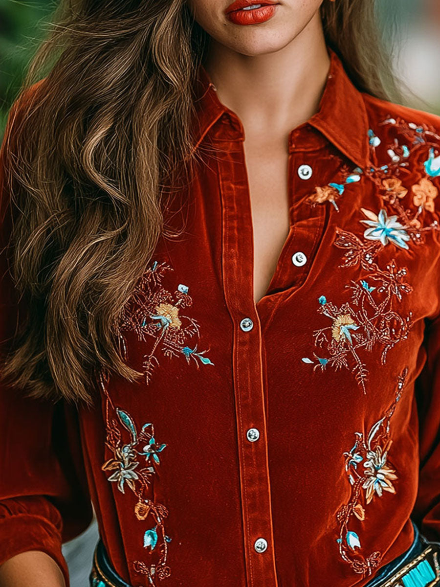 Boho Rust Red Embroidered Button-Up Velvet Shirt