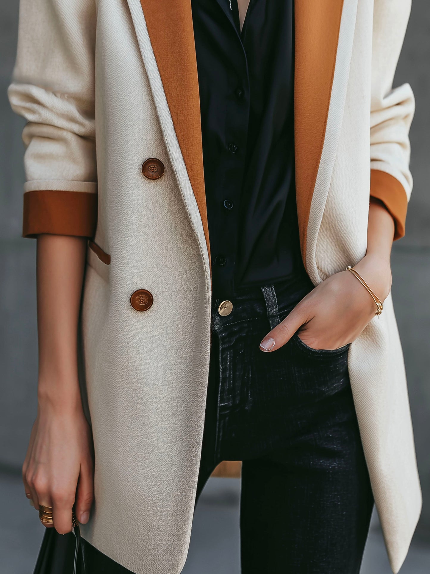 Chic Wool Blend Double-Breasted Contrast Trim Long Blazer