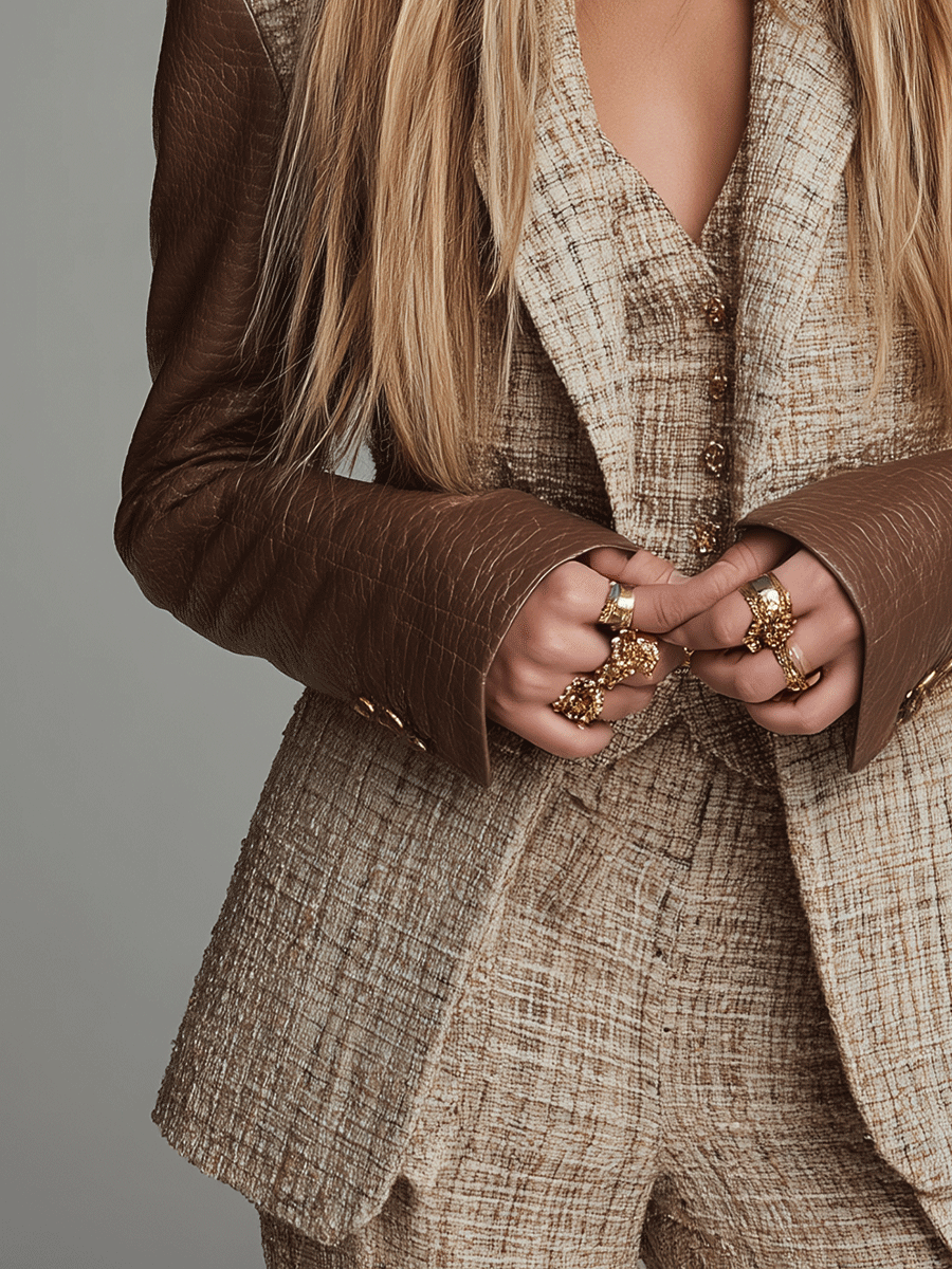 Old-Money Tailored Tweed Leather Sleeve Contrast Blazer