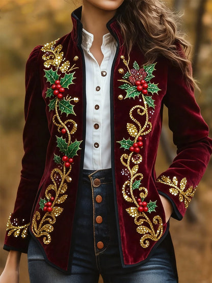 Women's Vintage Western Christmas Embroidered Beads Blazer