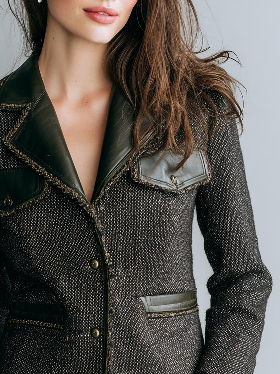 Vintage Eco-leather Trim Tweed Jacket