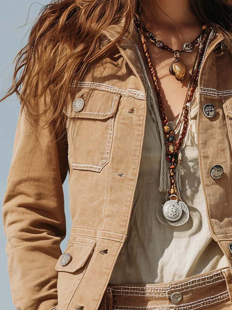 Sand Beige Washed Twill Western Jacket With Contrasting Stitching