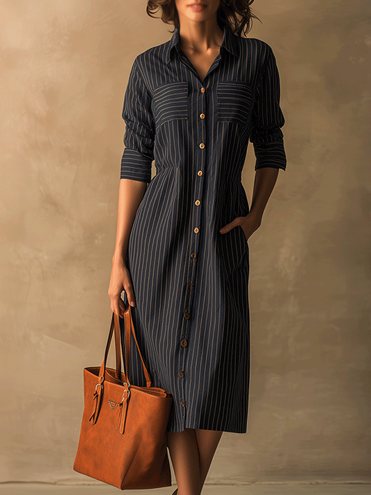 Classic Lapel Button Fit Striped Midi Dress