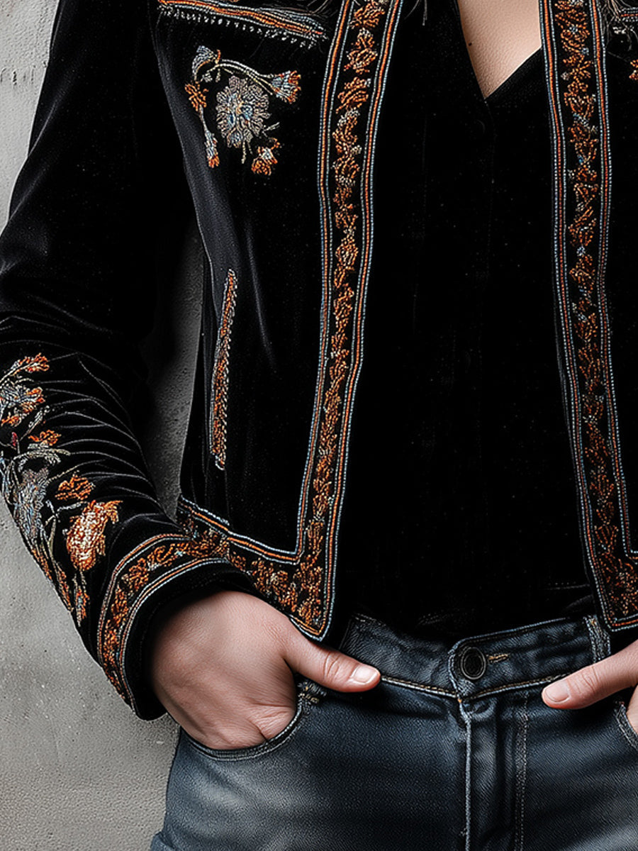 Boho Luxe Baroque Floral Embroidered Velvet Jacket