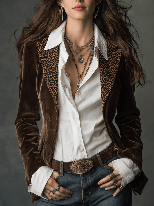 Boho Chocolate Velvet Leopard Lapel Blazer