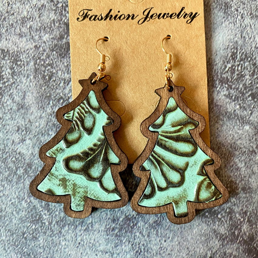 Xmas Tree Wood Bezel Cheetah Print Genuine Leather Christmas Earrings