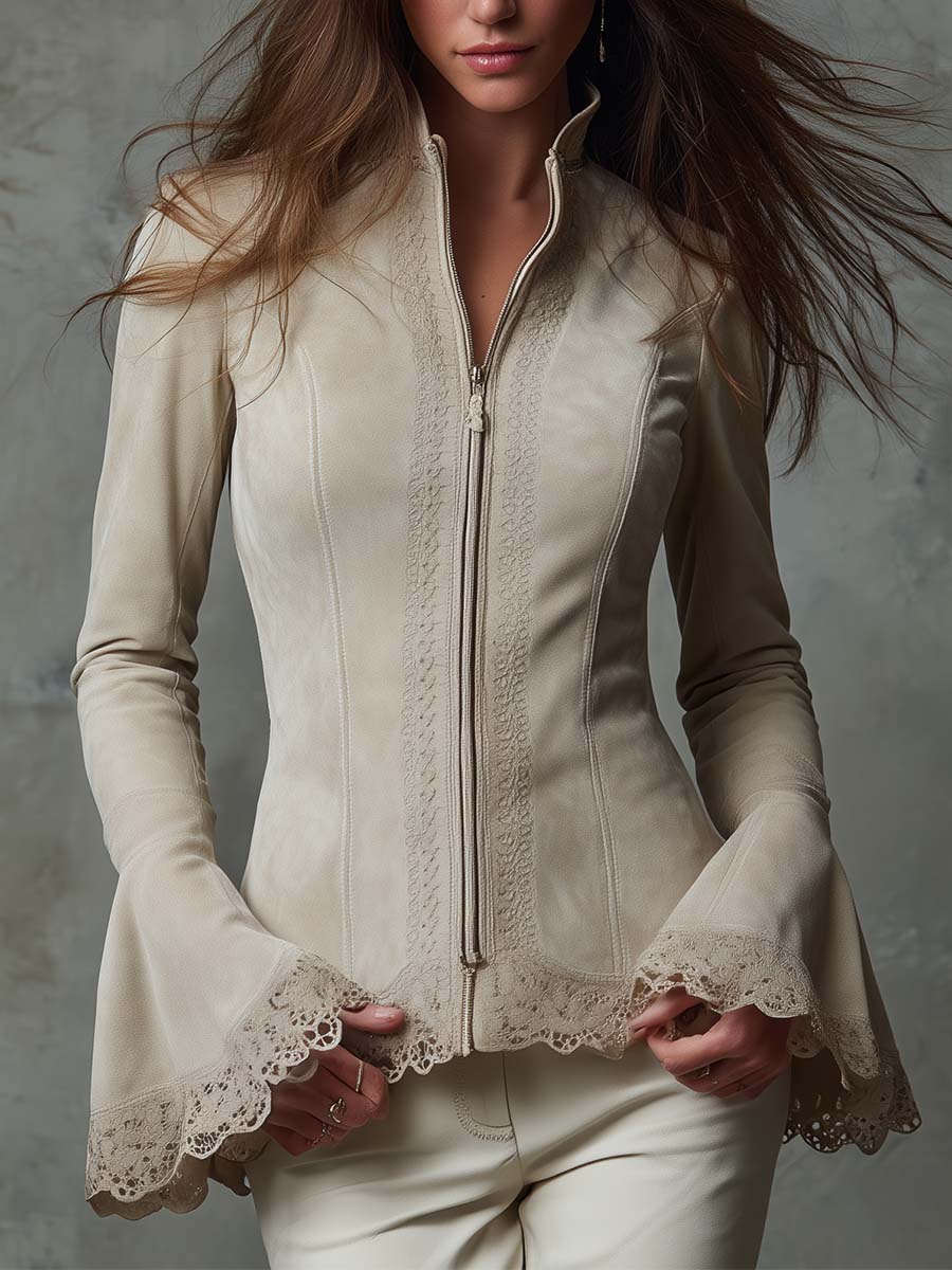 Lace-Trimmed Eco-Suede Fitted Jacket In Ivory Beige