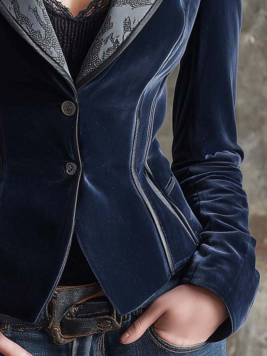 Navy Velvet Fitted Blazer With Printed Lapel