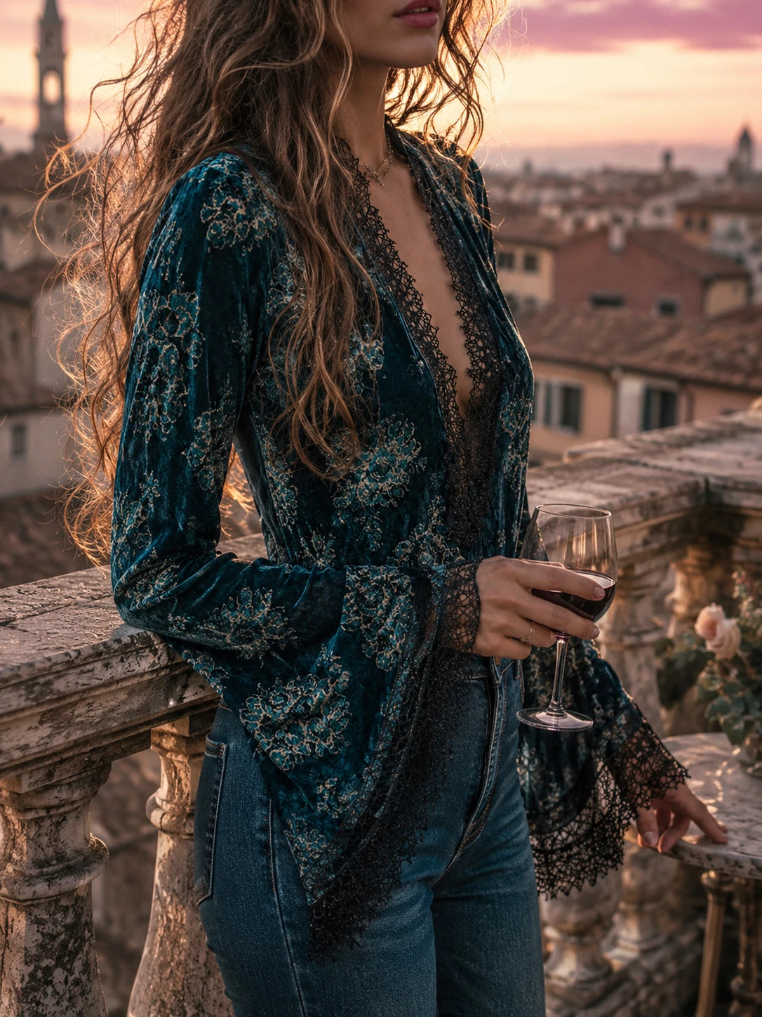 Retro Blue Floral  Velvet Lace Blouse With Bell Sleeves