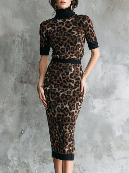 Leopard Print Knit Turtleneck Top And Matching Pencil Bodycon Skirt Set