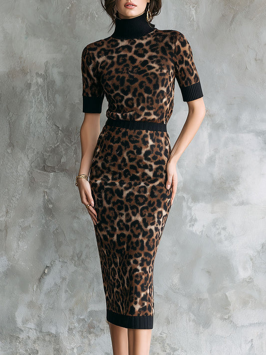 Leopard Print Knit Turtleneck Top And Matching Pencil Bodycon Skirt Set