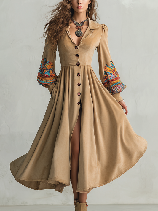 Retro Bohemian Colorful Cuff Velvet Midi Dress