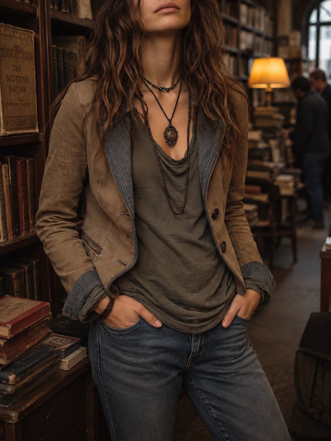 Camel Washed Denim Slim-Fit Blazer With Contrast Trim
