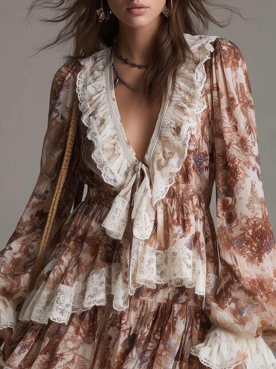 Bohemian Double-layered Ruffled Mini Dress With Lace Trim – BCSHARED