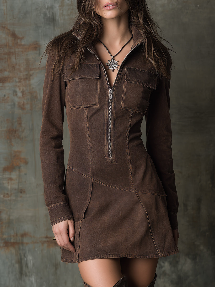 Bohemian Washed Half-zip Denim Mini Dress