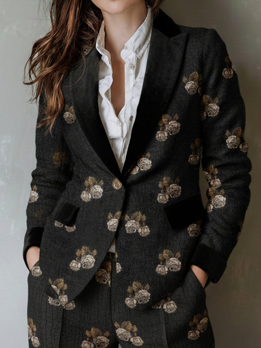 Black Textured Rose Jacquard Tailored Blazer With Velvet Trim